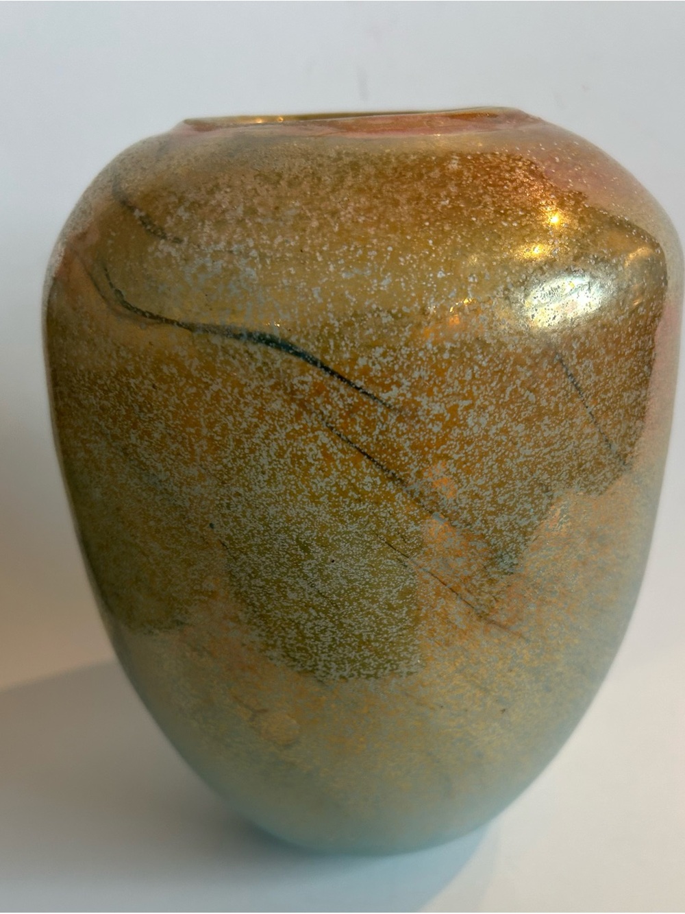 Iridescent Art Glass Vase Handmade Vintage Gold, Turquoise 7.5”x2.5”